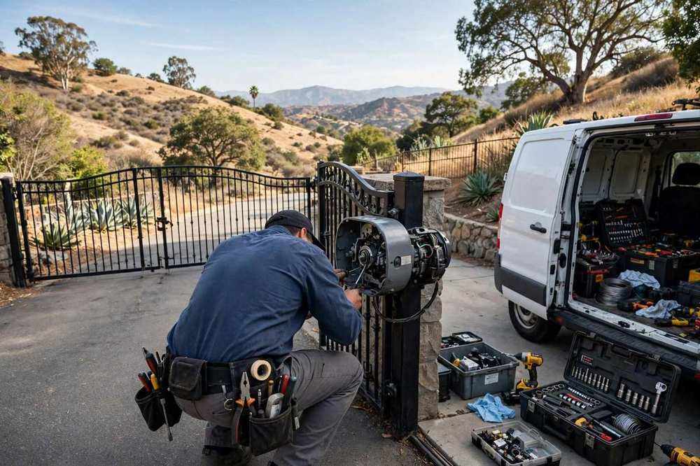 Technician repairing an automatic gate opener in Concord, CA